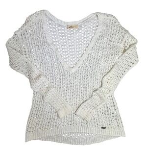 Hollister Womens White Open Knit V-Neck Sweater Crochet Mesh Long Sleeve Large